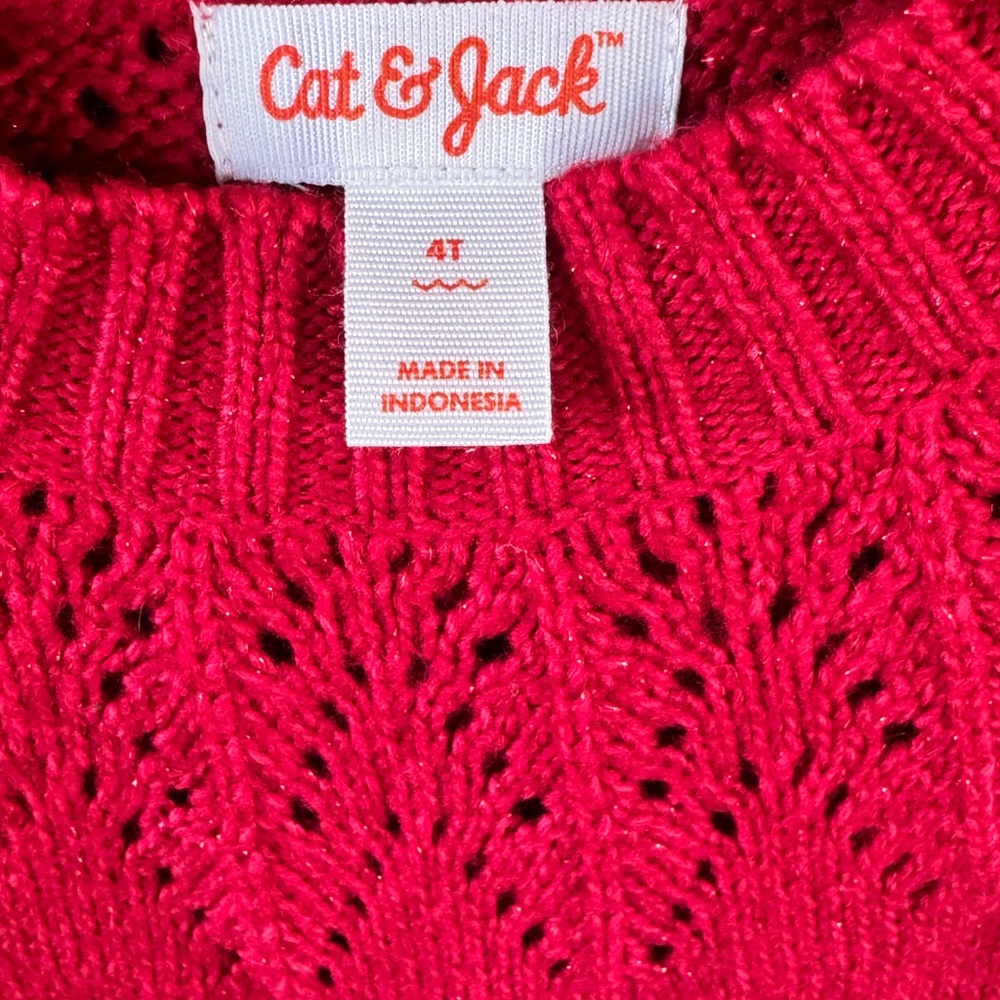 Cat & Jack Bright Red Knit Eyelet Sweater, metallic thread - Picture 2 of 2